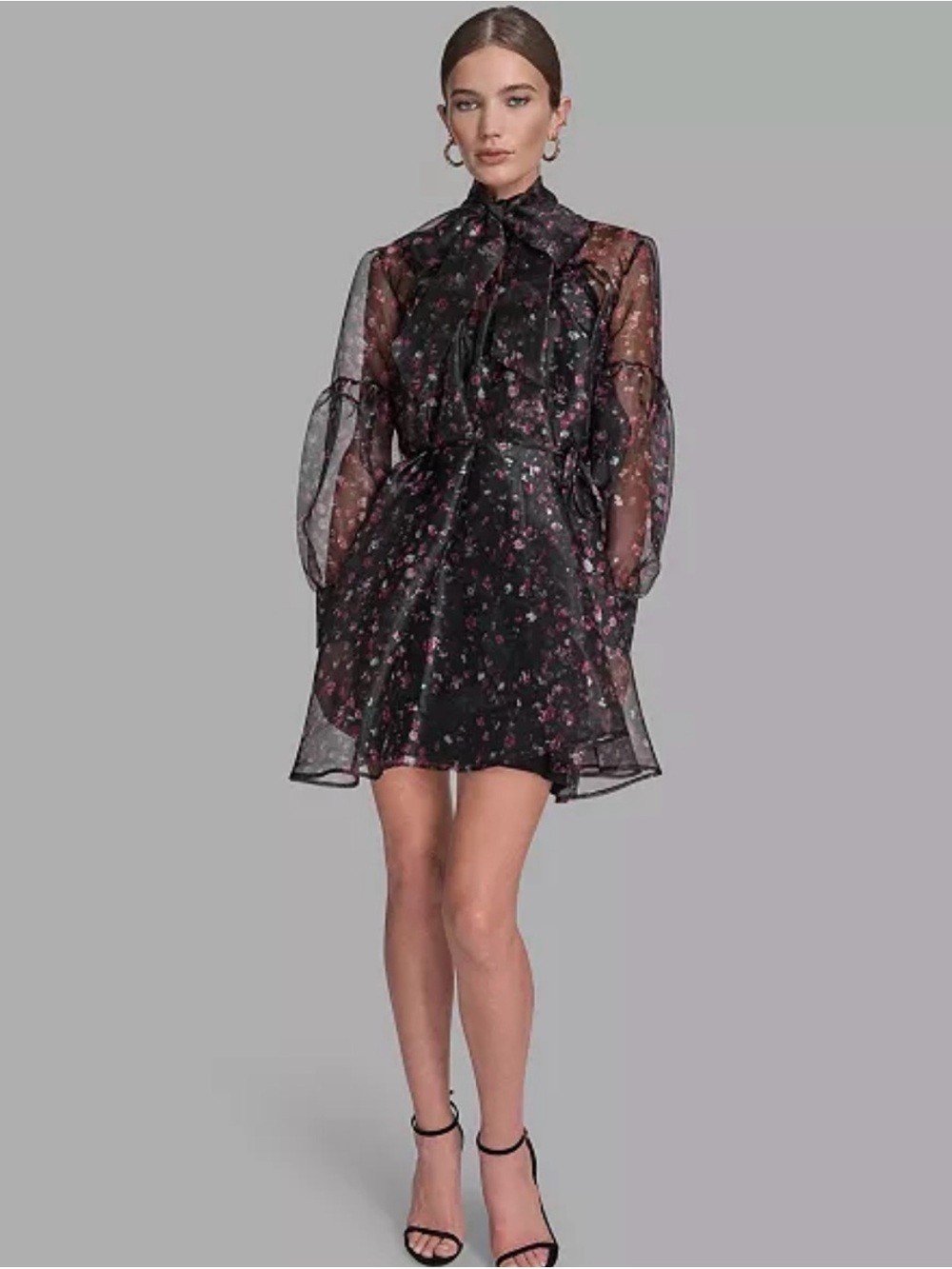 BCBG Black Floral Sheer Long puff Sleeve Mini Dress with collar and bow Size 0